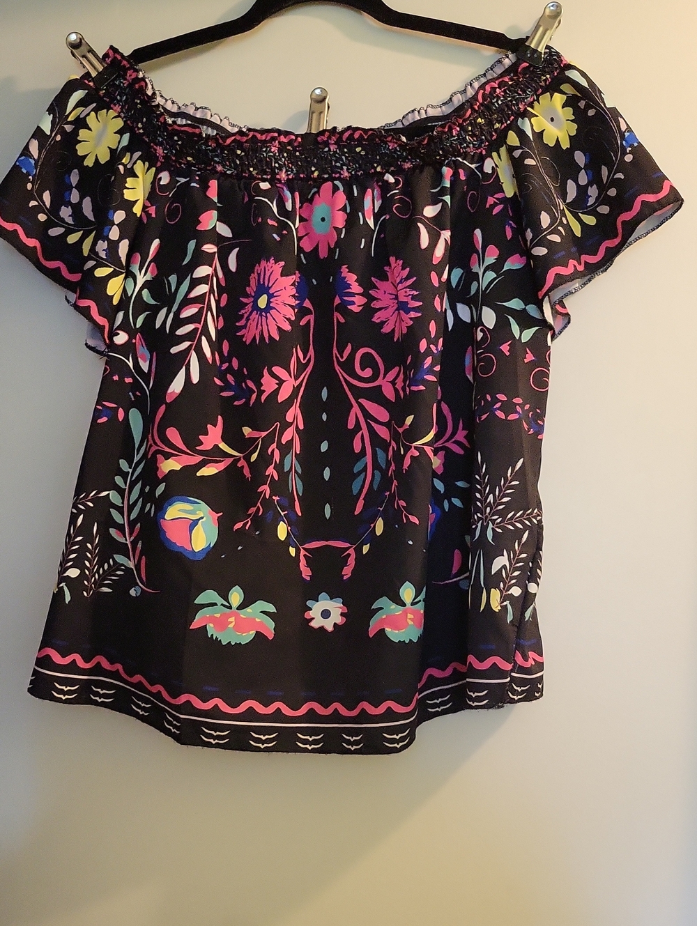 SHEIN Black Off-Shoulder Floral Blouse with Pink, Blue & Yellow Accents